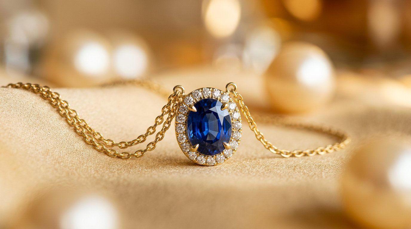Gold chain necklace with an oval sapphire and diamond pendant
